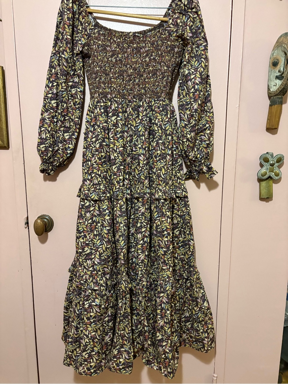 Ara Brown Floral Smocked Square-Neck Tiered Maxi Dress